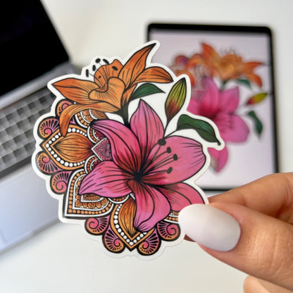 Lily Mandala Vinyl Sticker – Waterproof, Weatherproof
