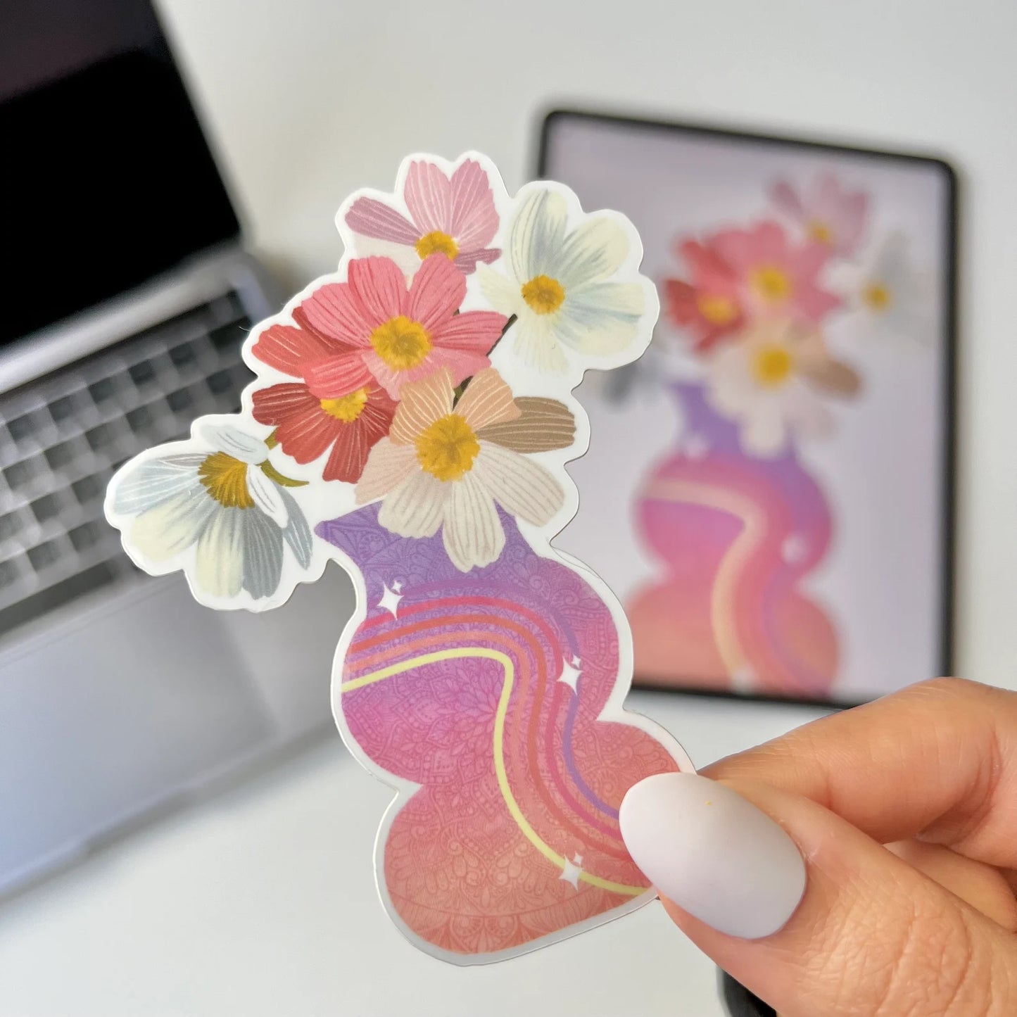 Floral Mandala Waterproof Sticker – Flower Vase Art