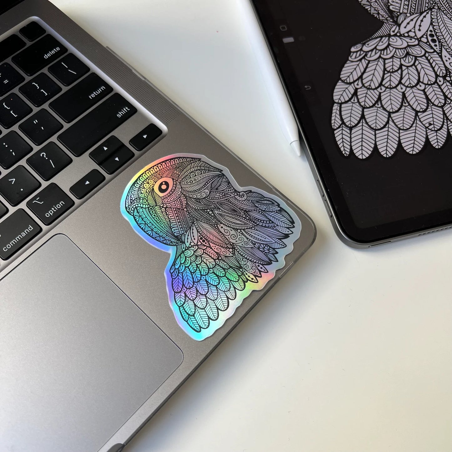 Holographic Zentangle Parrot Sticker – Waterproof Vinyl Decal