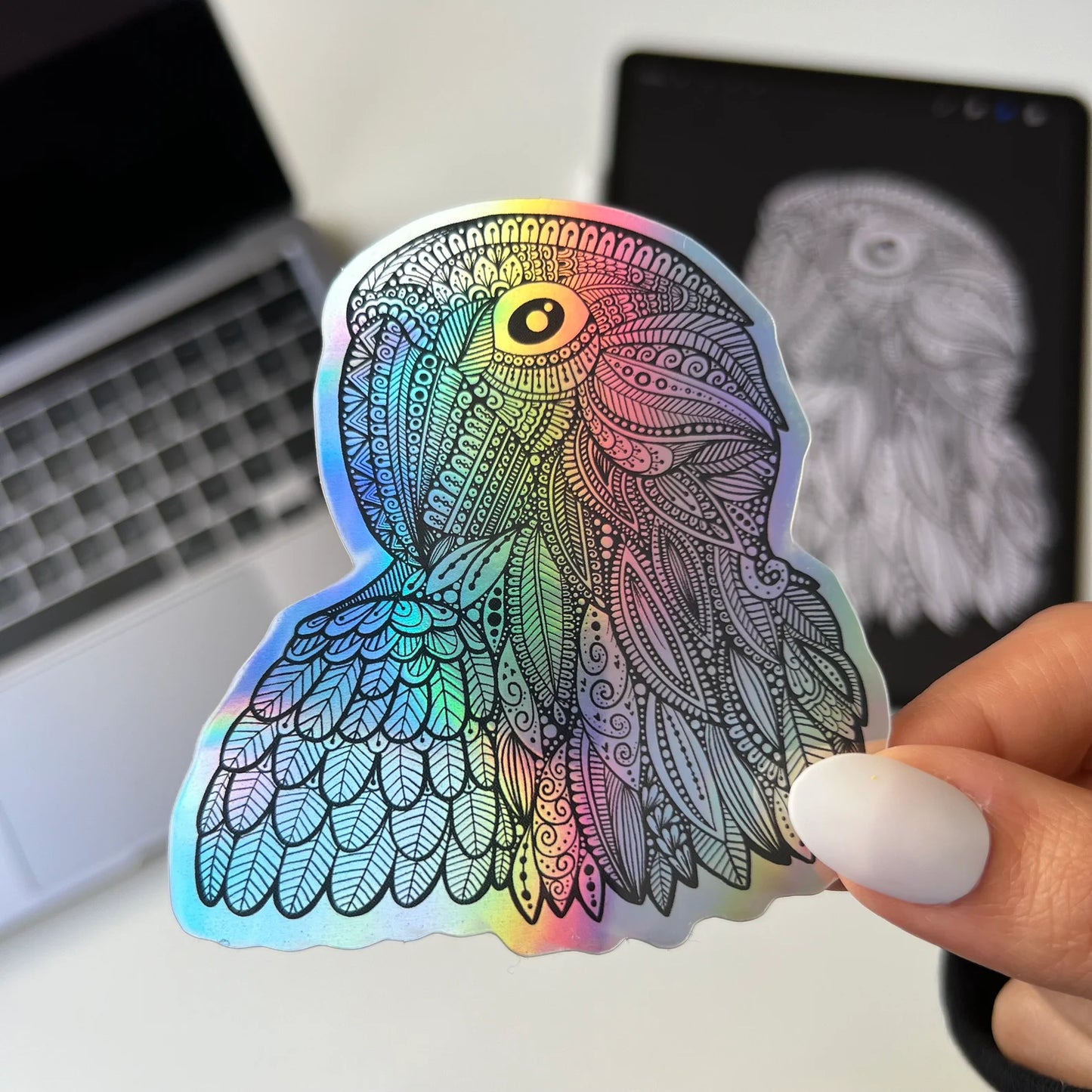 Holographic Zentangle Parrot Sticker – Waterproof Vinyl Decal