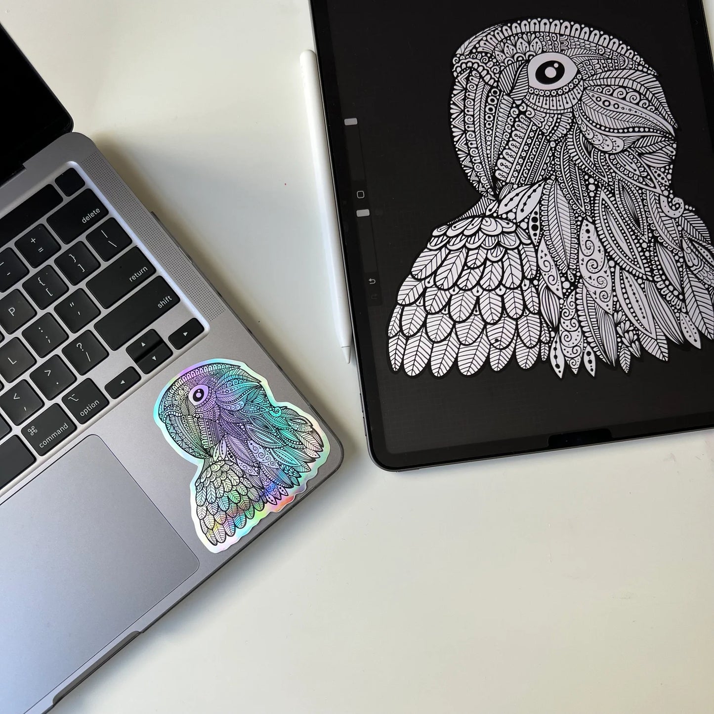 Holographic Zentangle Parrot Sticker – Waterproof Vinyl Decal