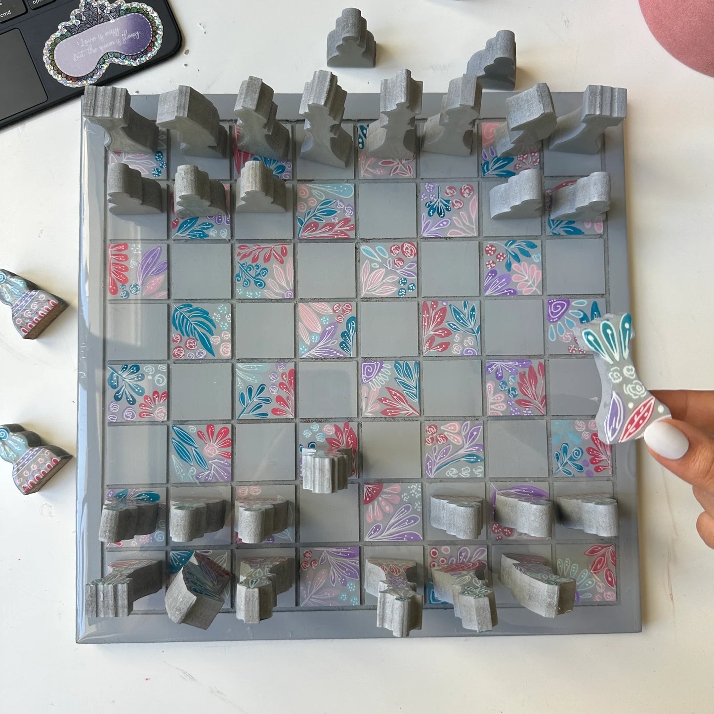 Hand-Painted Plant Doodle Chess Set – Wooden & Resin Finish (35CM)