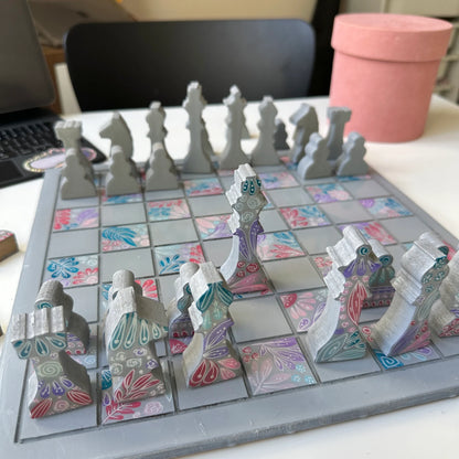 Hand-Painted Plant Doodle Chess Set – Wooden & Resin Finish (35CM)