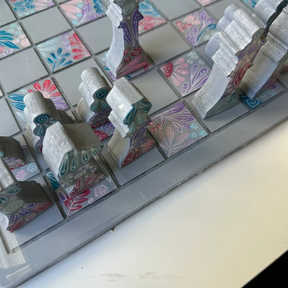 Hand-Painted Plant Doodle Chess Set – Wooden & Resin Finish (35CM)