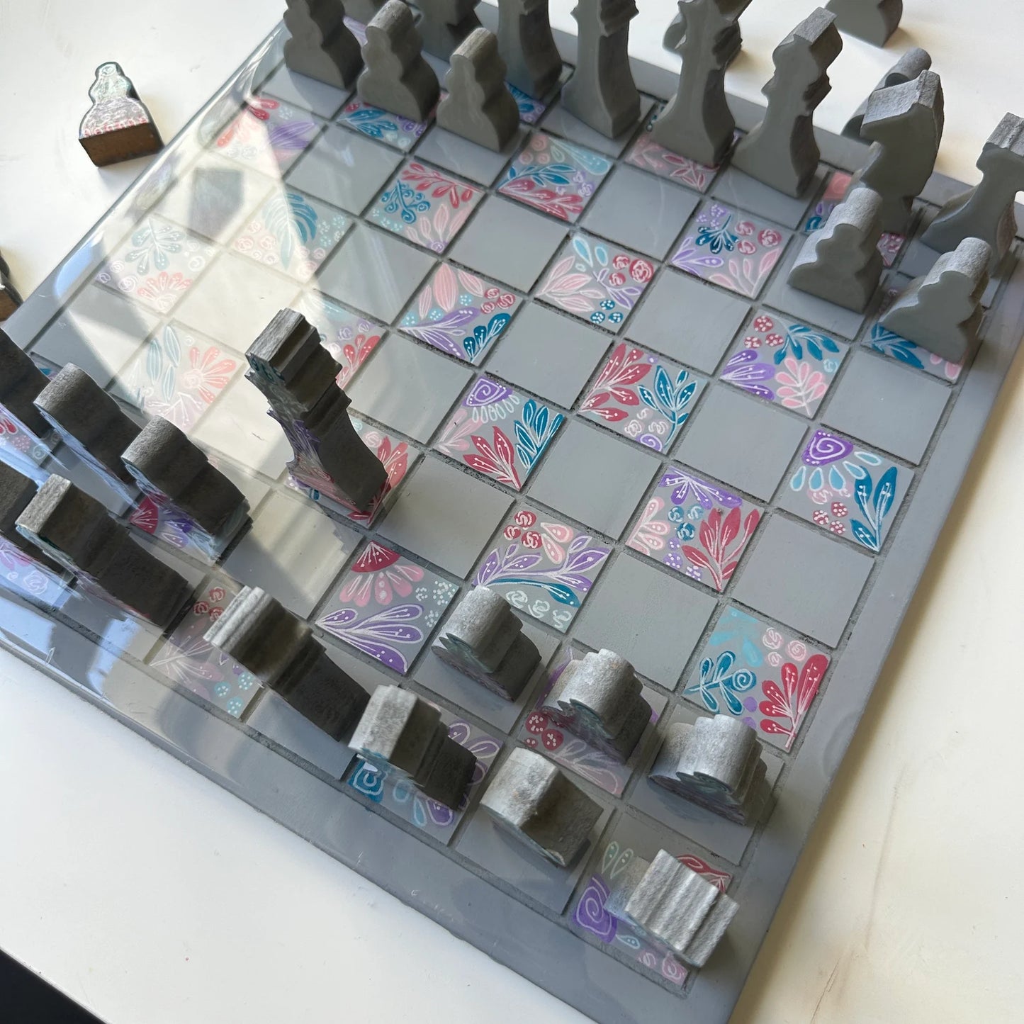 Hand-Painted Plant Doodle Chess Set – Wooden & Resin Finish (35CM)