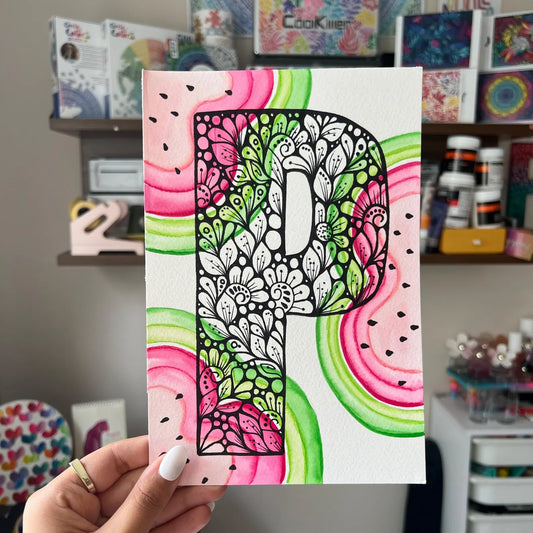 Zentangle P letter with watercolor background - wall decor - original drawing