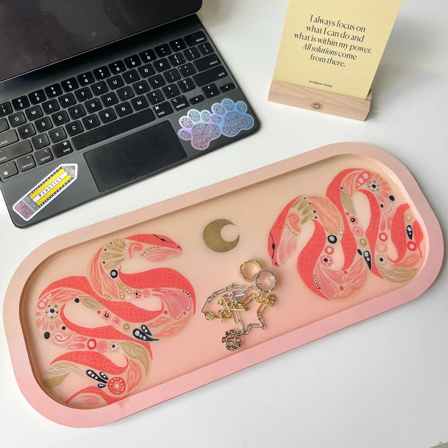snake with plant doodle wooden tray