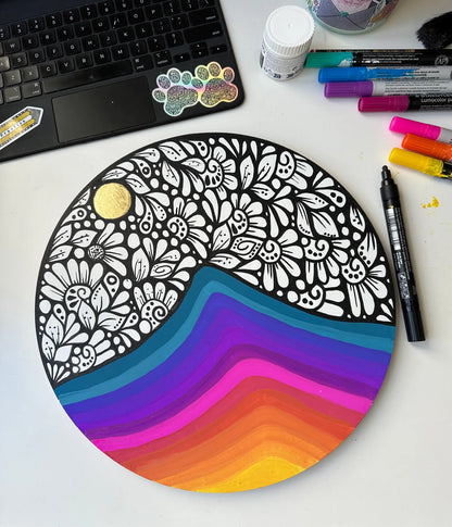 sunset mountain and zentangle sky wall decor