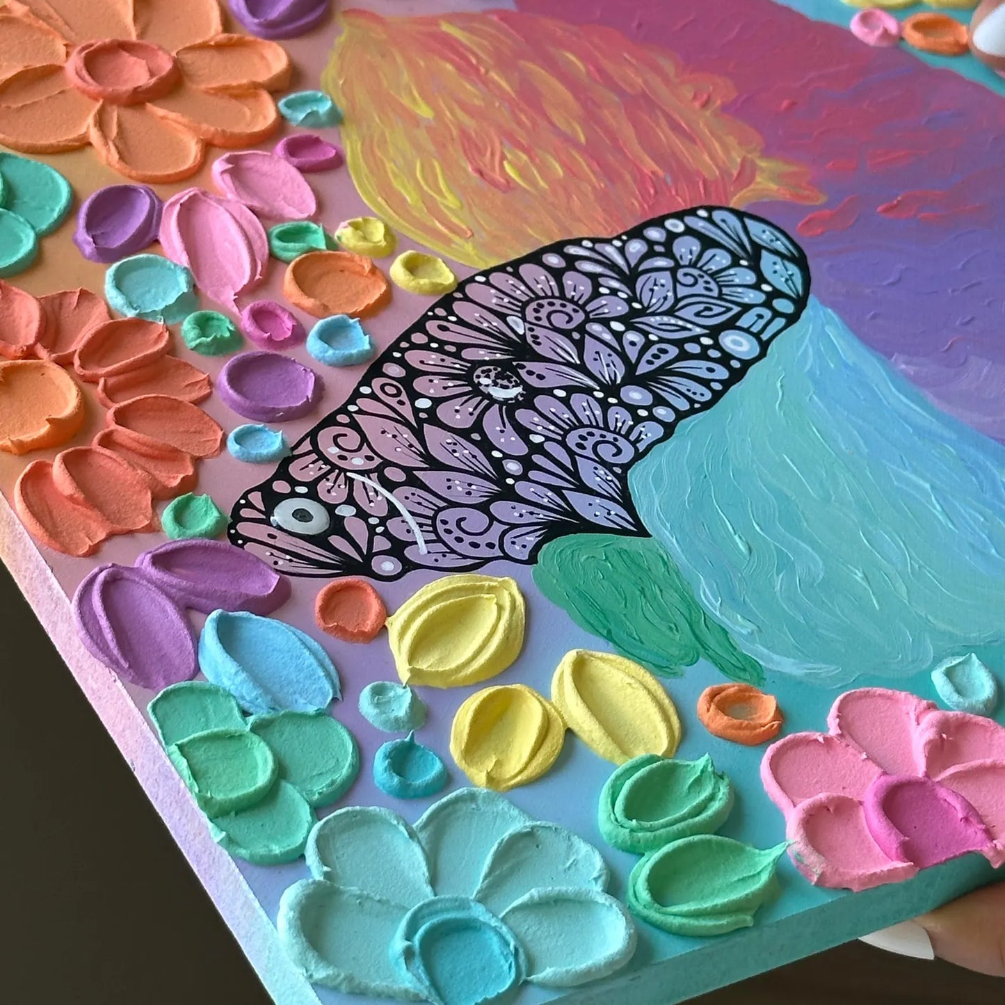 Rainbow betta fish - textured floral painting