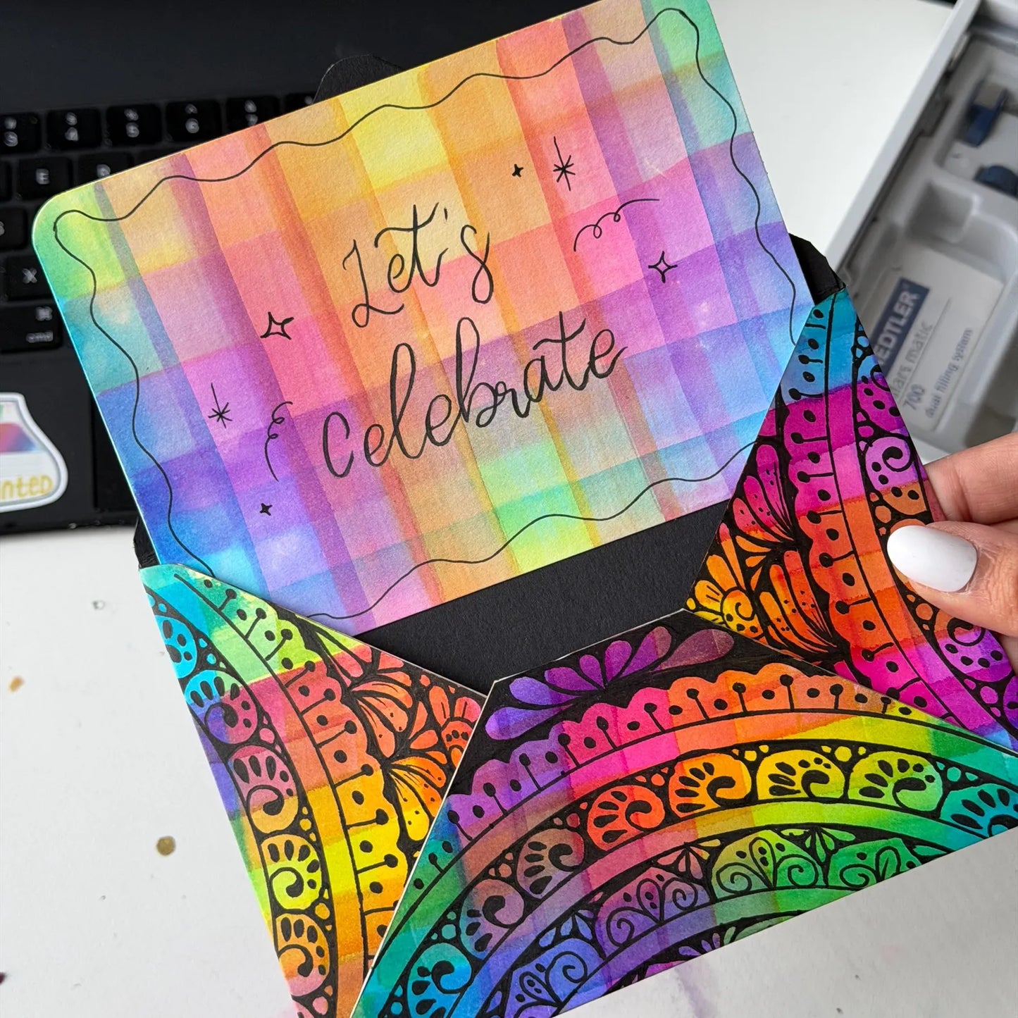 Handmade mandala and watercolor envelope