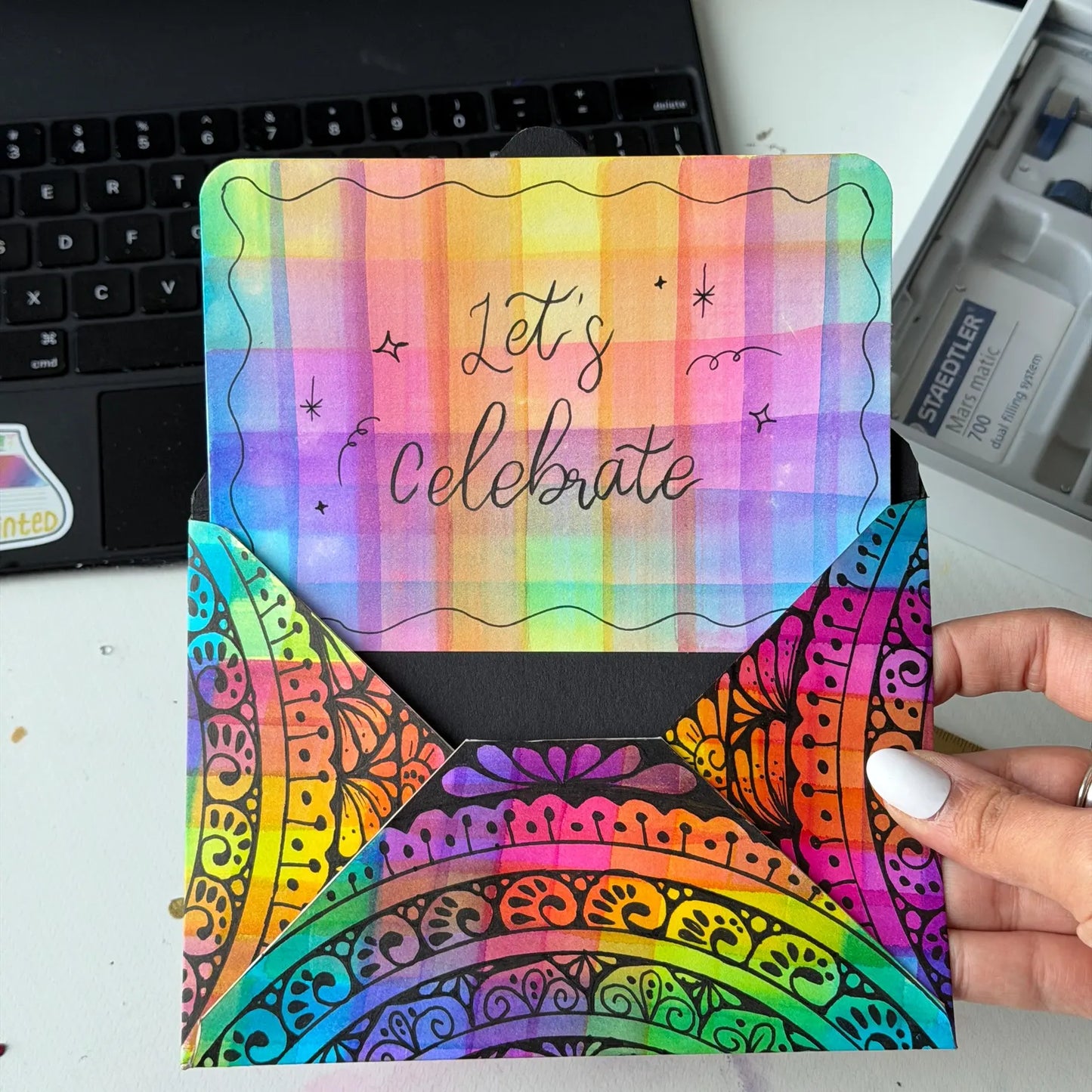 Handmade mandala and watercolor envelope