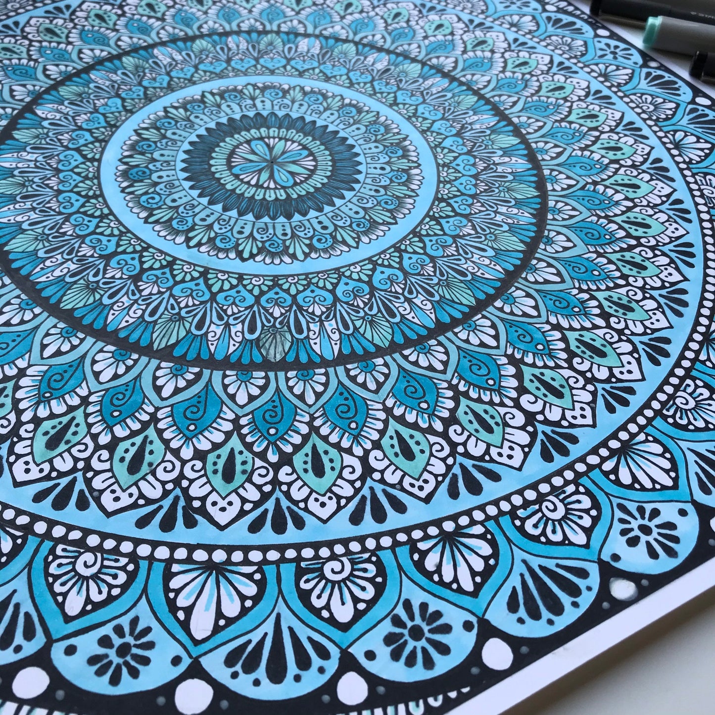 Blue shads mandala drawing - hand drawing - not framed - wall decor
