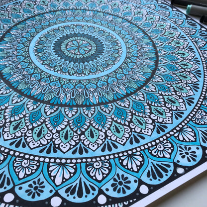 Blue shads mandala drawing - hand drawing - not framed - wall decor
