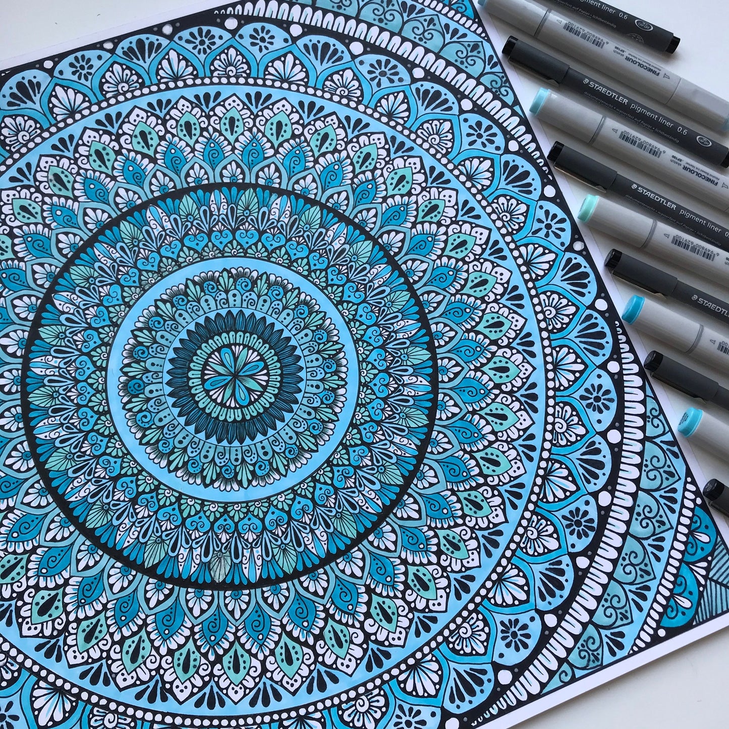 Blue shads mandala drawing - hand drawing - not framed - wall decor