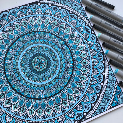 Blue shads mandala drawing - hand drawing - not framed - wall decor