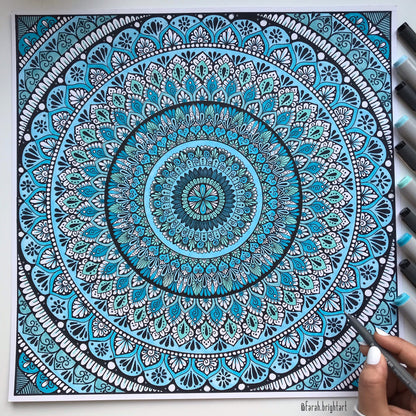 Blue shads mandala drawing - hand drawing - not framed - wall decor