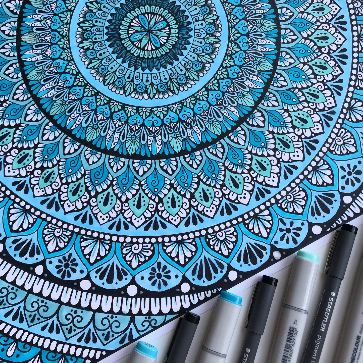 Blue shads mandala drawing - hand drawing - not framed - wall decor