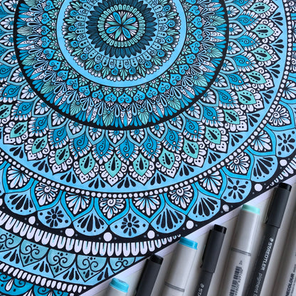 Blue shads mandala drawing - hand drawing - not framed - wall decor