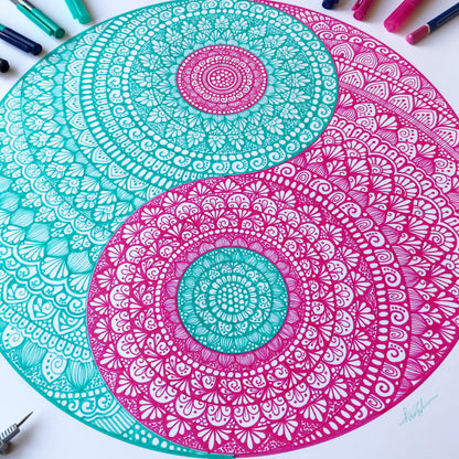 Mandala yin yang - hand drawing - wall decor - home decor -mandala artwork-yin yang drawing -yin yang art