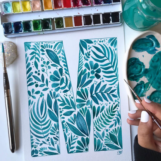 Plant doodle M letter - plant painting - watercolor painting - original artwork- wall decor
