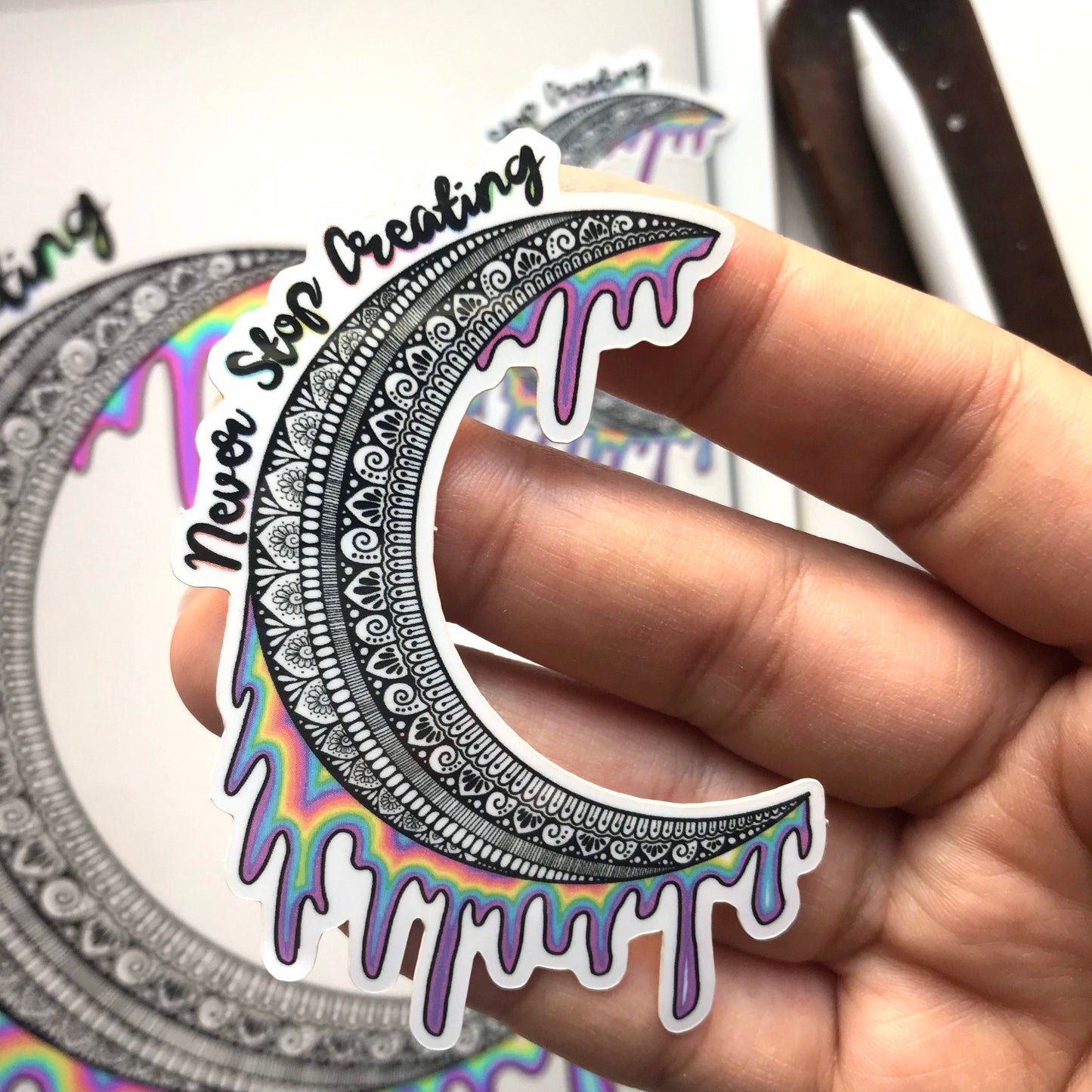 Never stop creating zentangle moon sticker