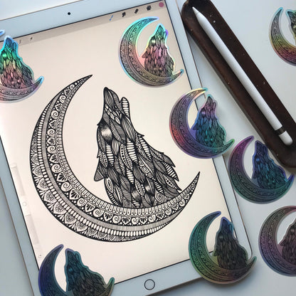 holographic Moon wolf sticker