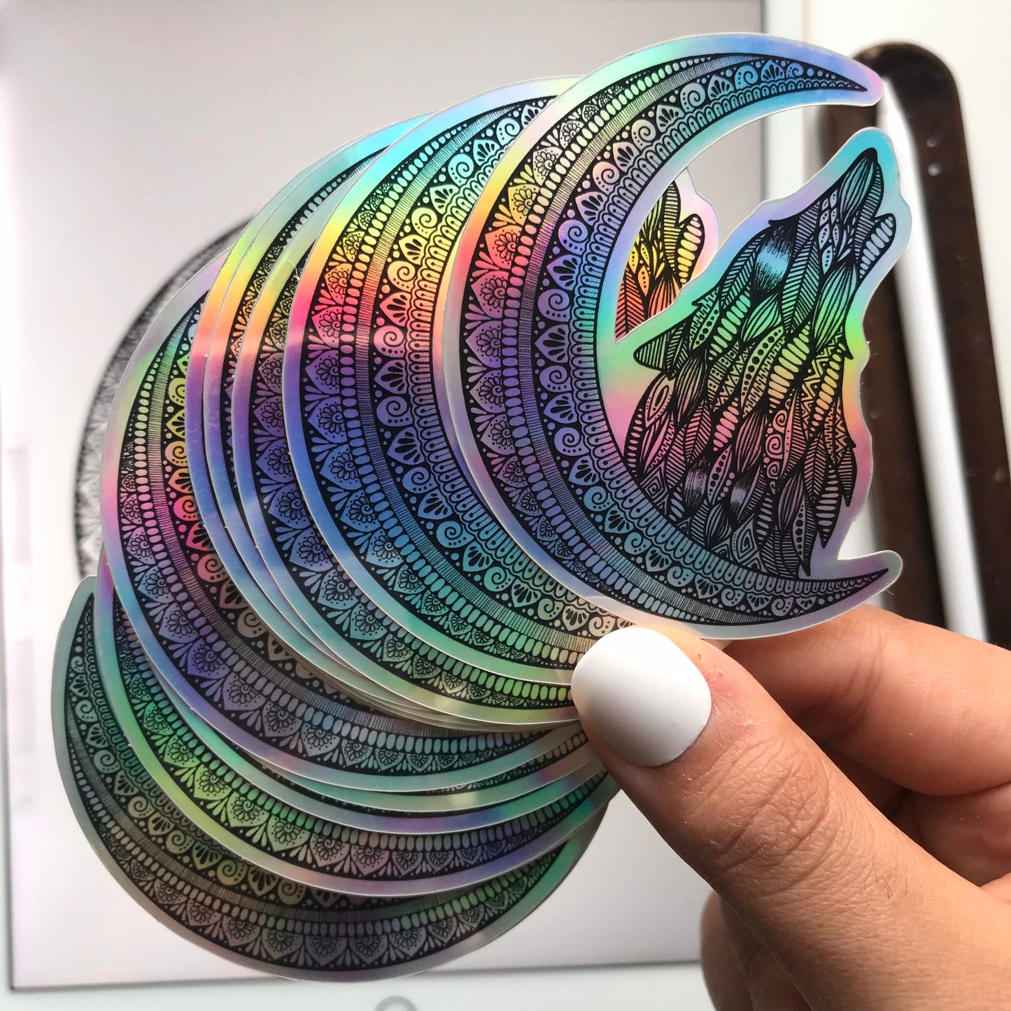 holographic Moon wolf sticker