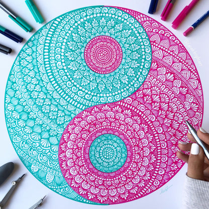 Mandala yin yang - hand drawing - wall decor - home decor -mandala artwork-yin yang drawing -yin yang art