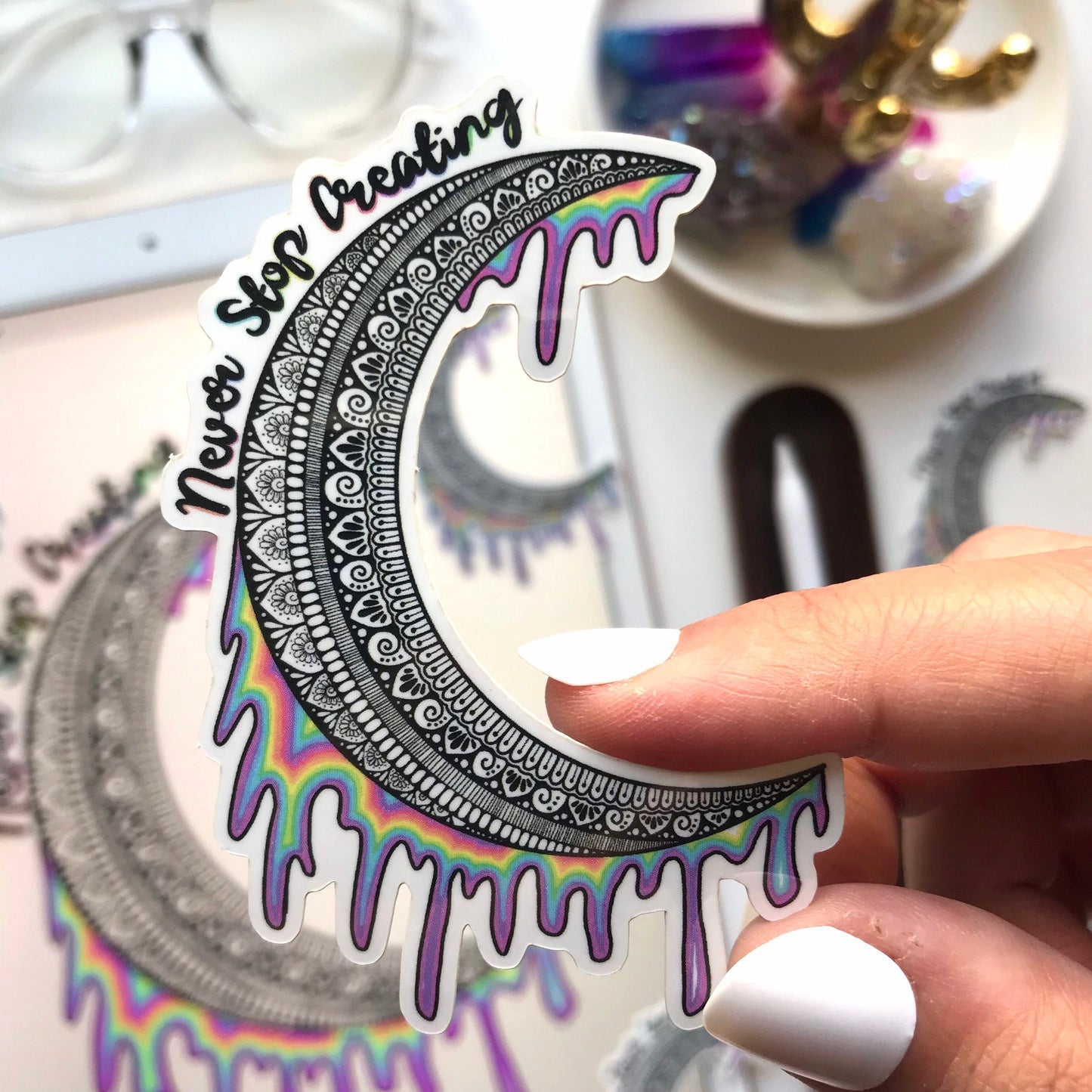 Never stop creating zentangle moon sticker