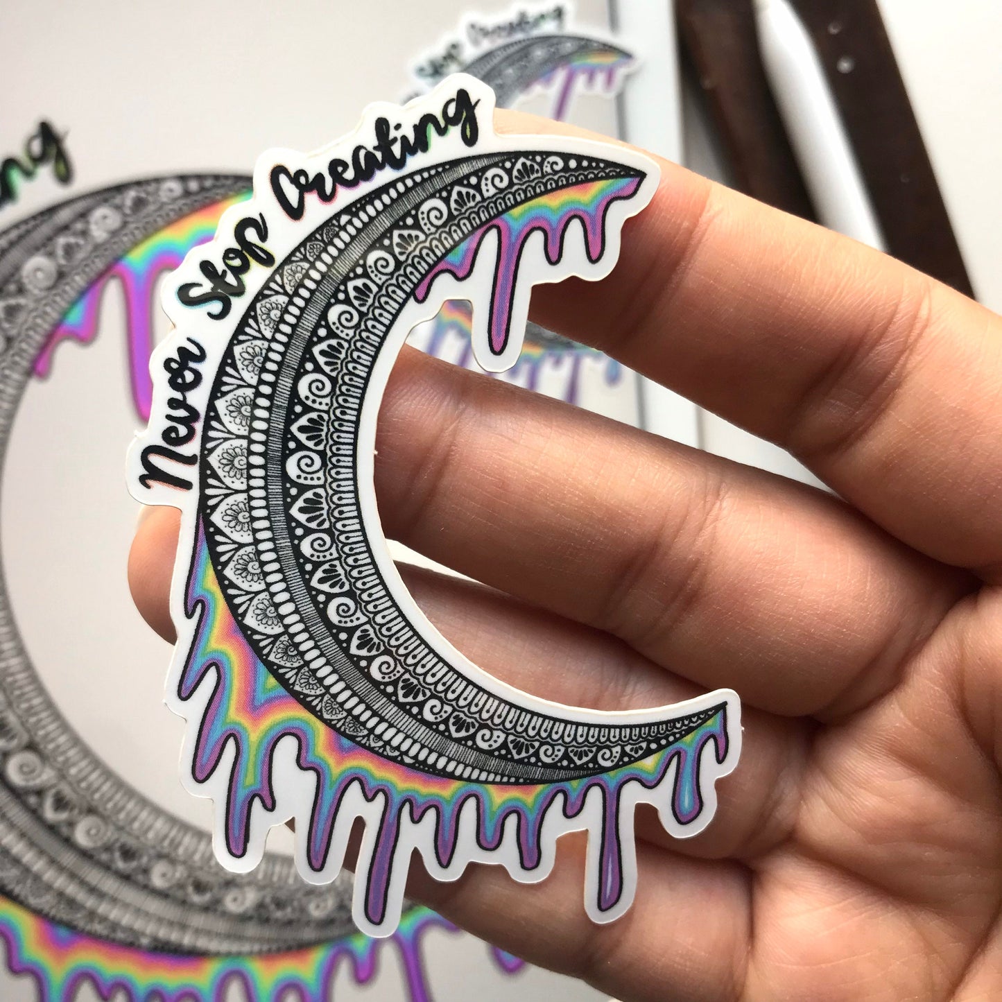 Never stop creating zentangle moon sticker