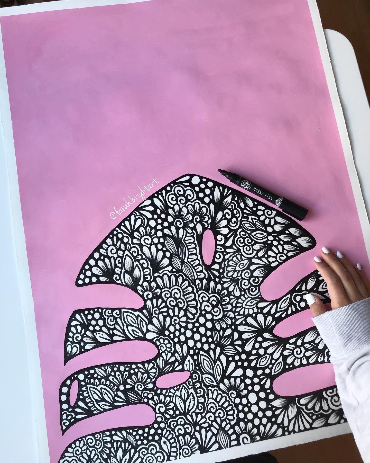 Zentangle monstera leaf with acrylic background- hand drawing - original artwork- wall decor - room decor