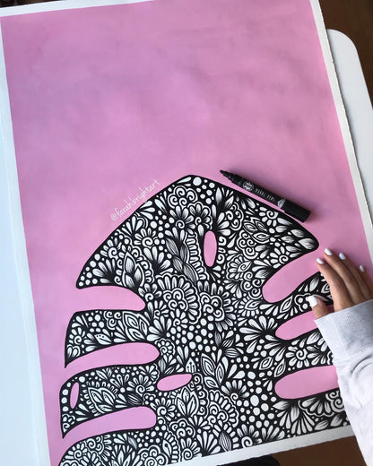 Zentangle monstera leaf with acrylic background- hand drawing - original artwork- wall decor - room decor