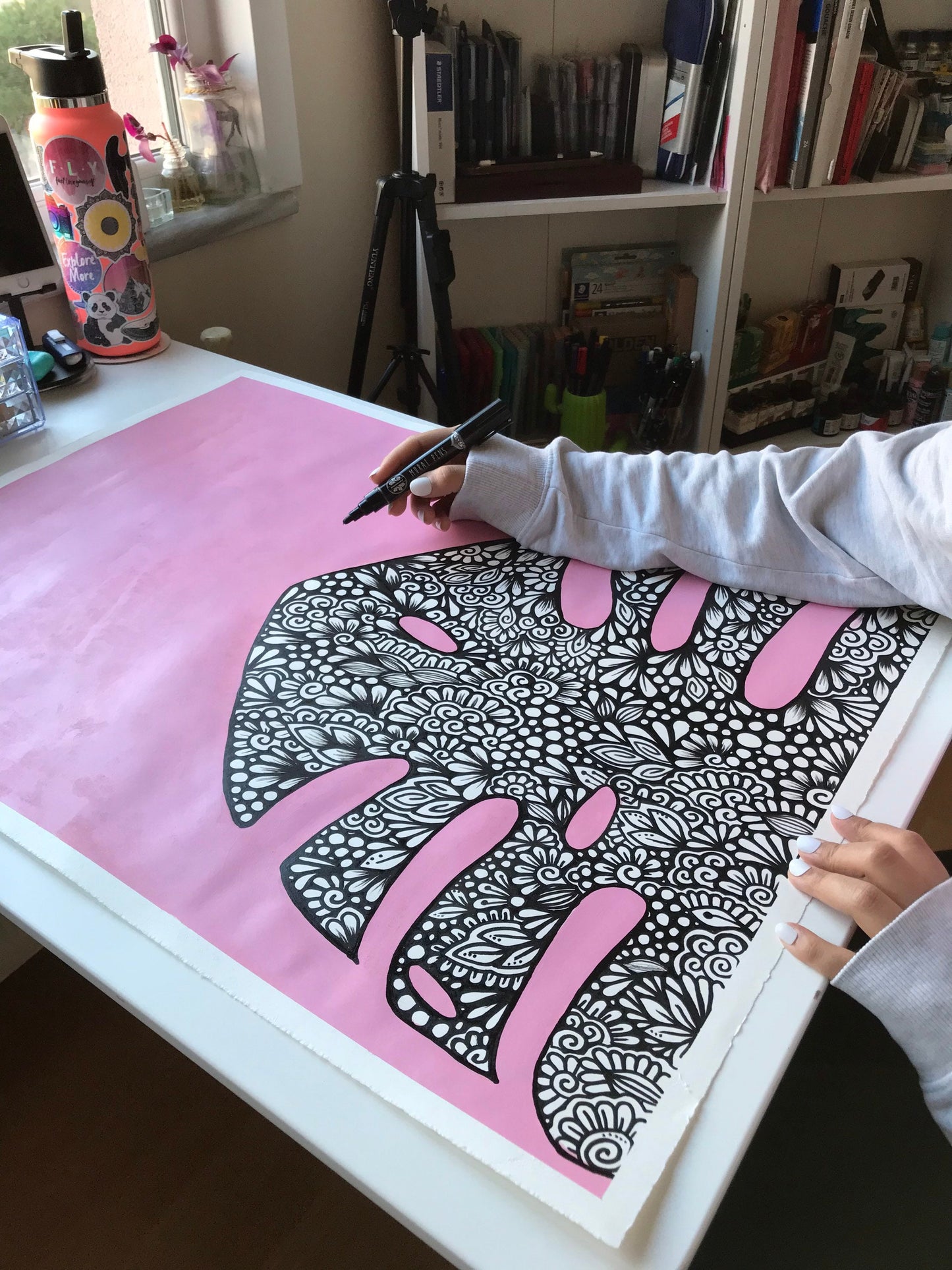 Zentangle monstera leaf with acrylic background- hand drawing - original artwork- wall decor - room decor