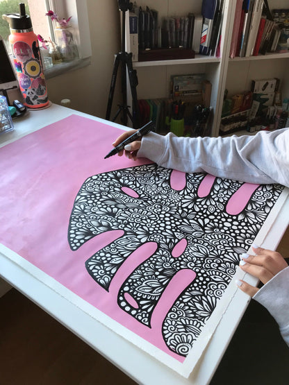 Zentangle monstera leaf with acrylic background- hand drawing - original artwork- wall decor - room decor