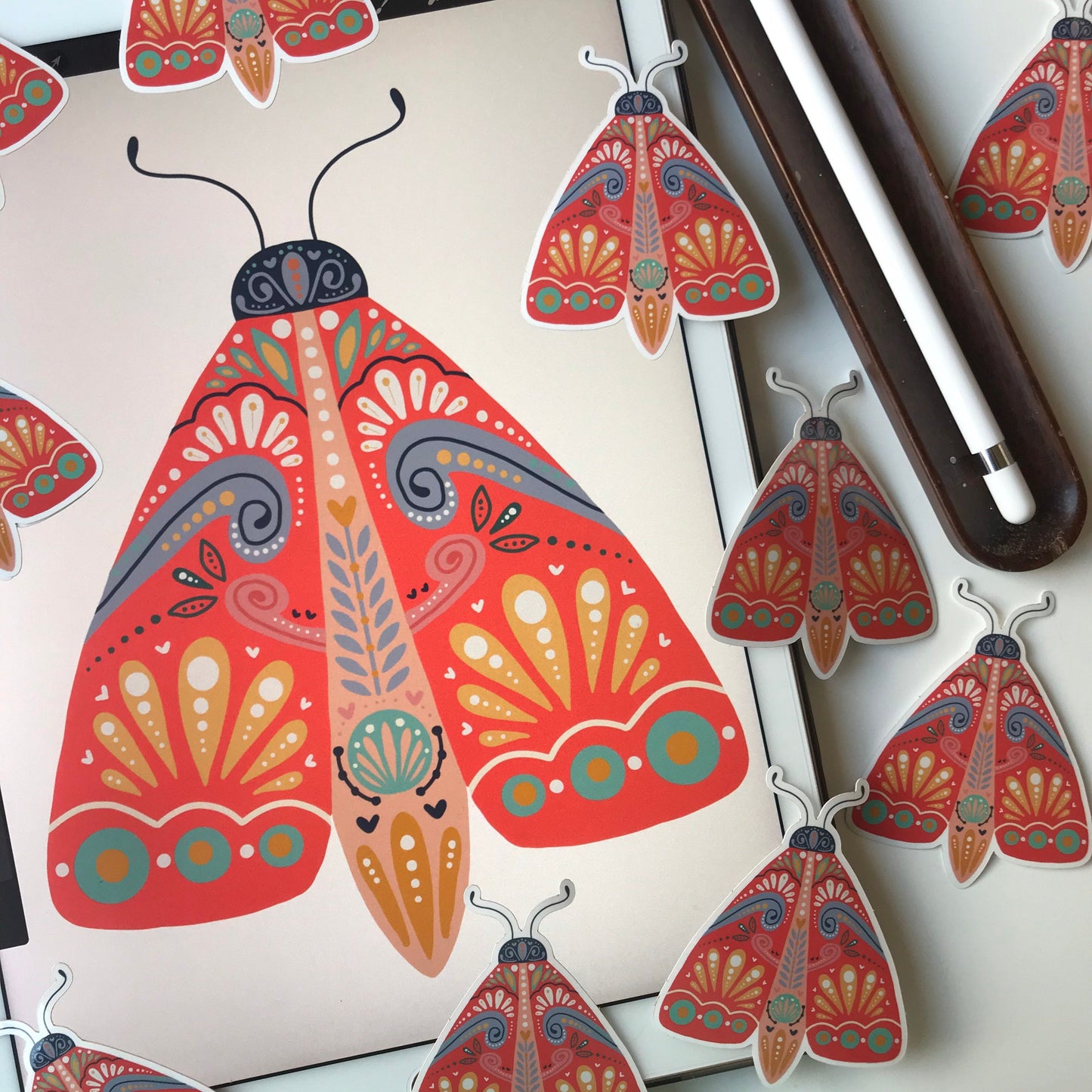 red folk Moth illustration stickers