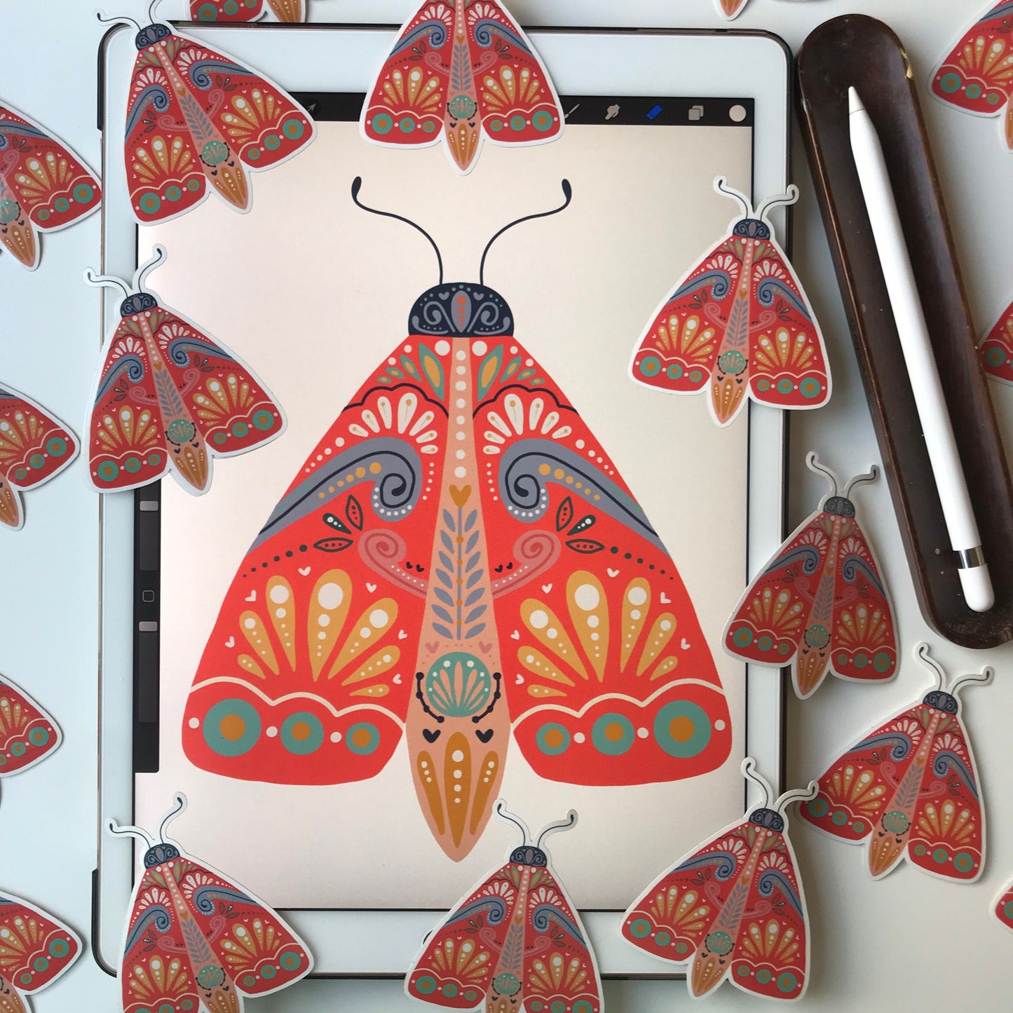 red folk Moth illustration stickers