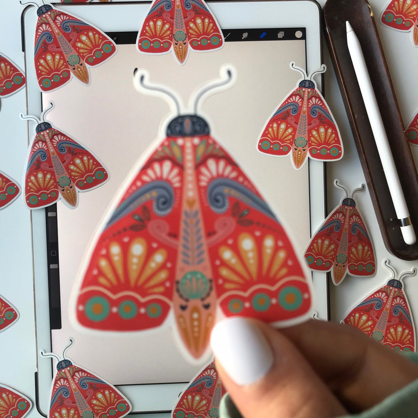 red folk Moth illustration stickers
