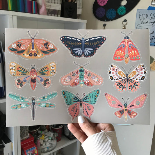 Moth illustration waterproof sticker sheet