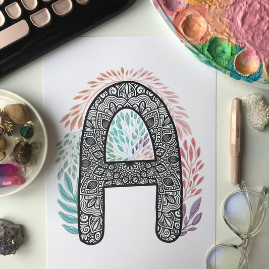 Mandala A letter with plant doodle