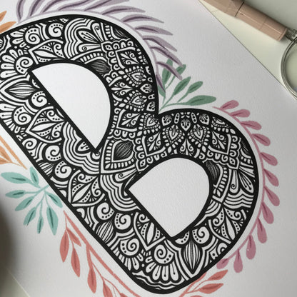 Mandala B letter with plant doodle