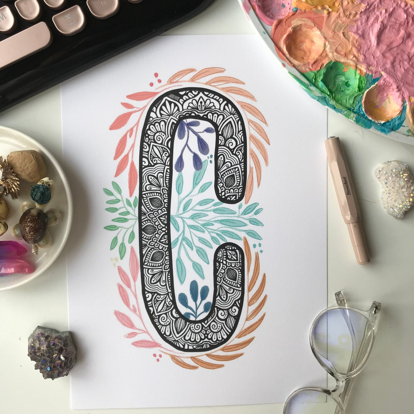 Mandala C letter with plant doodle