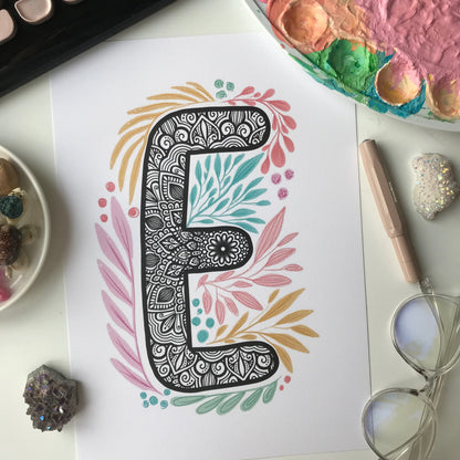 Mandala E letter with mandala doodle