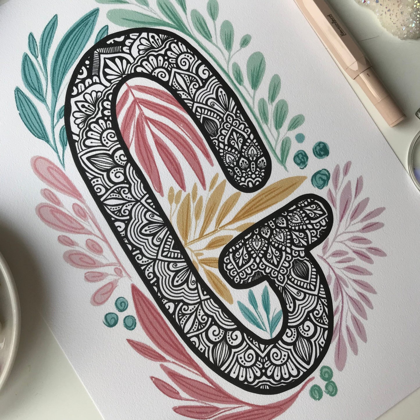 Mandala G letter with plant doodle