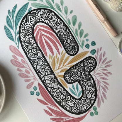 Mandala G letter with plant doodle