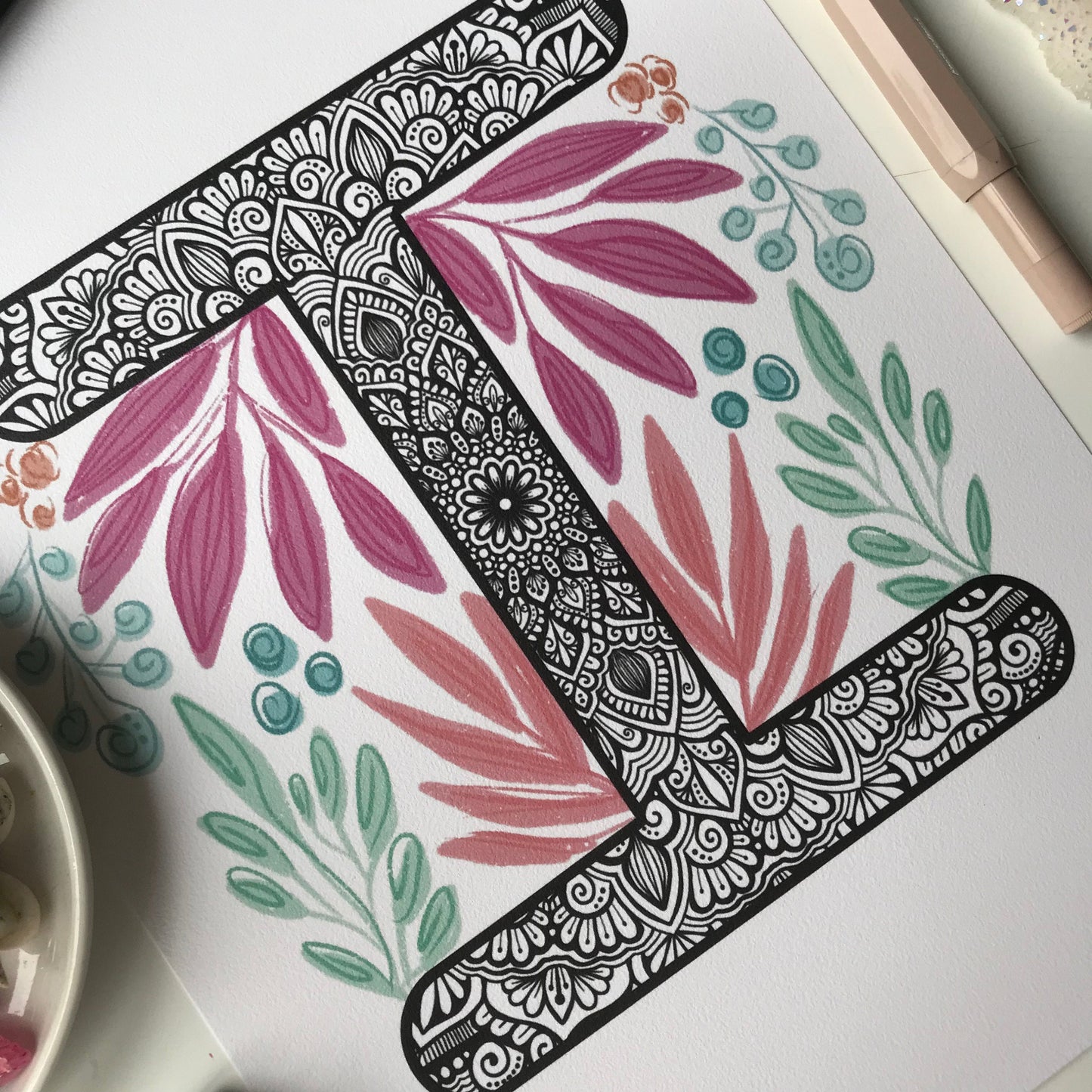 Mandala I letter with plant doodle