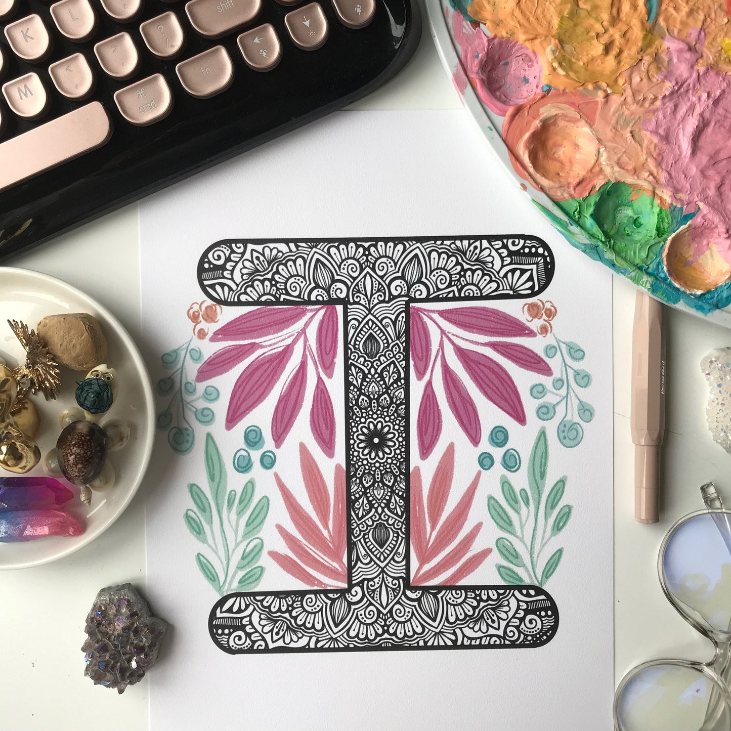 Mandala I letter with plant doodle