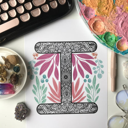 Mandala I letter with plant doodle