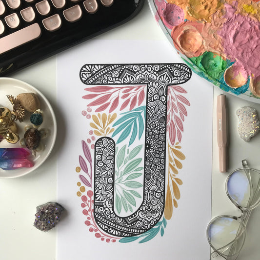 Mandala J letter with plant doodle