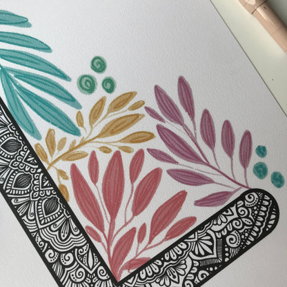Mandala L letter print with plant doodle