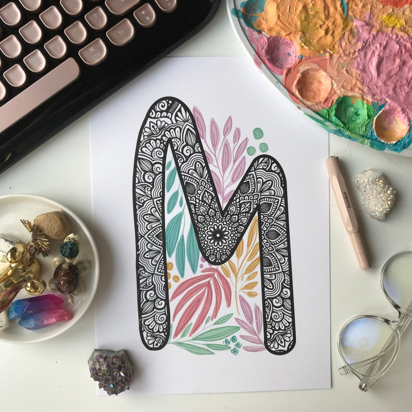 Mandala M letter with plant doodle